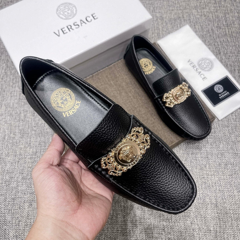 Versace Black Pebbled Leather Loafers — side