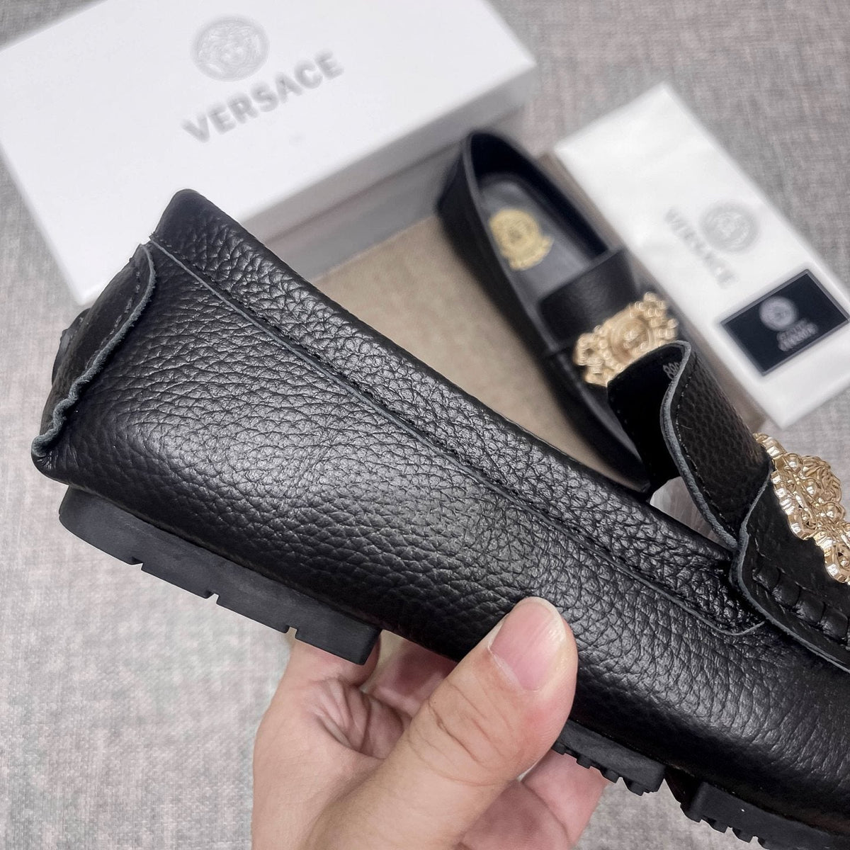 Versace Black Pebbled Leather Loafers — detail