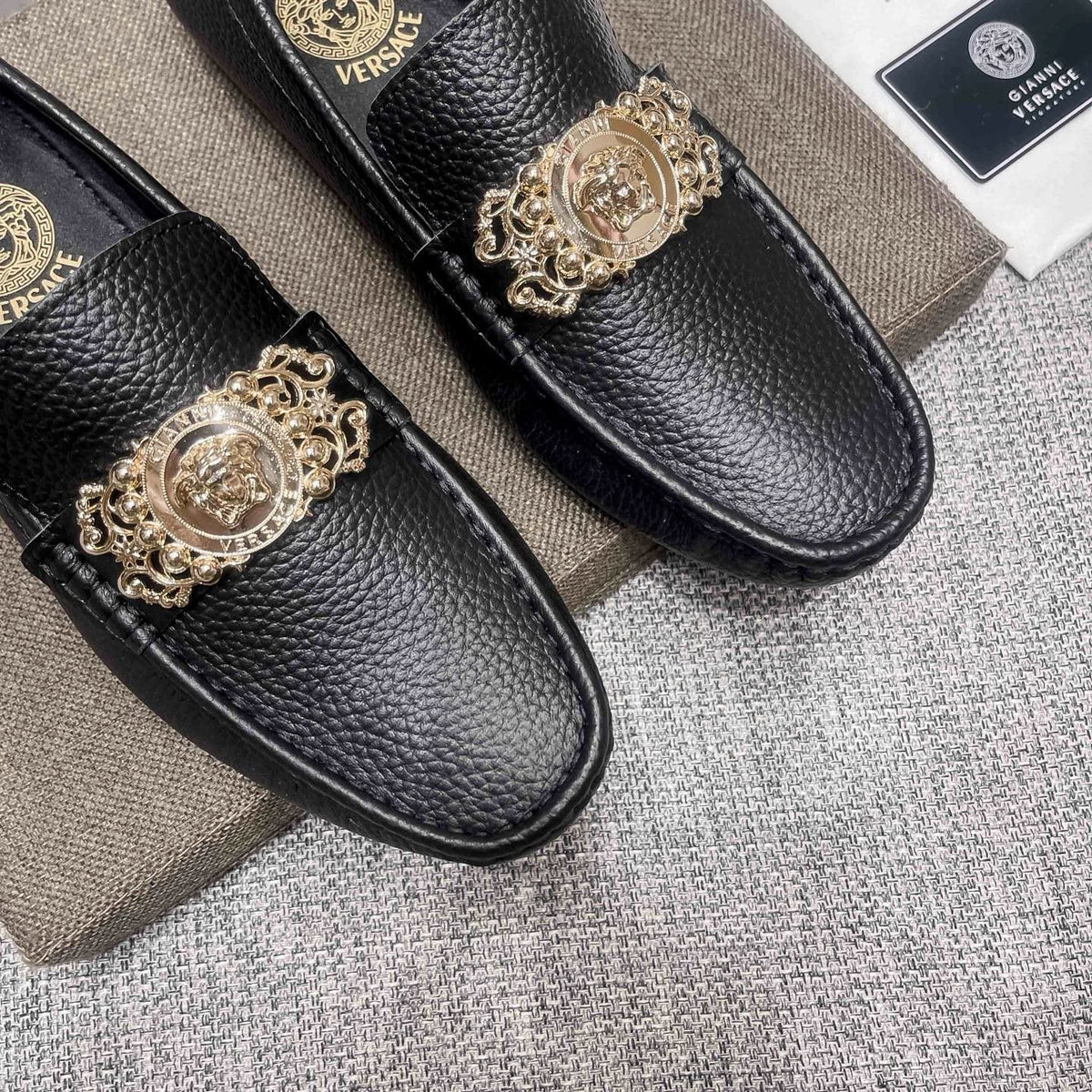Versace Black Pebbled Leather Loafers — side