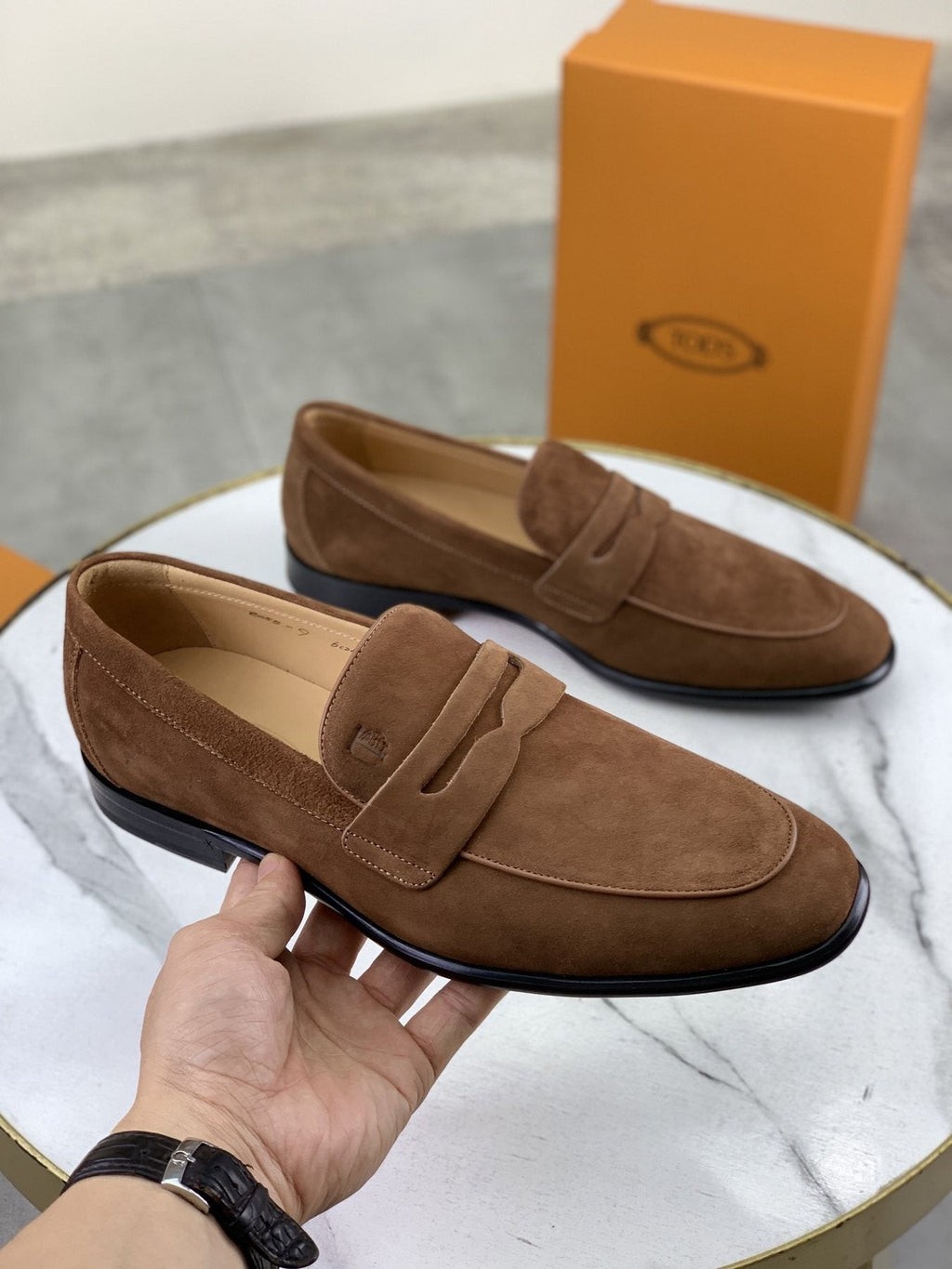 Tod's Brown Suede Penny Loafers — front