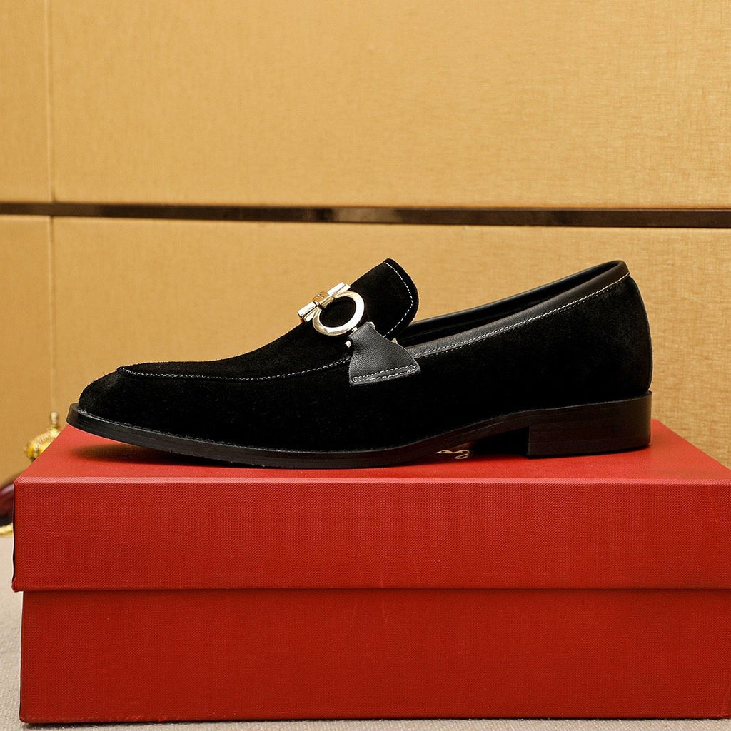 Ferragamo Black Suede Hardware Loafers — front