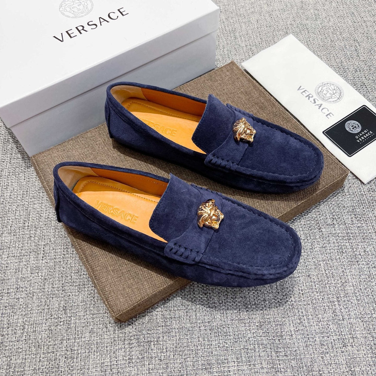 Versace Navy Blue Ornament Loafers — hero