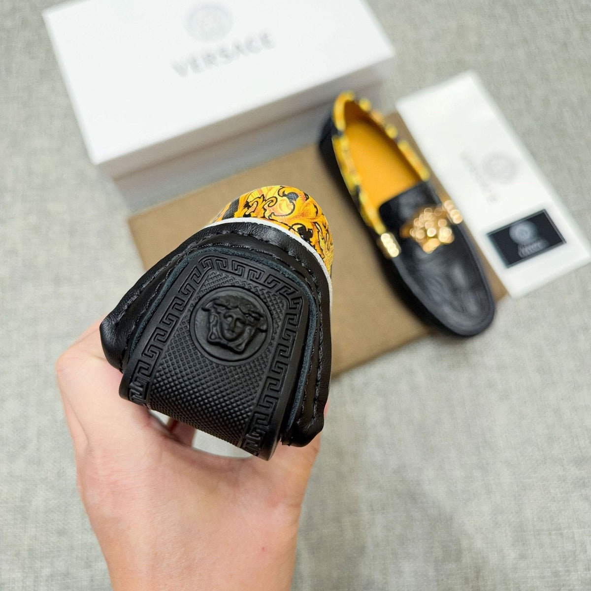 Versace Black Gold Hardware Loafers — detail