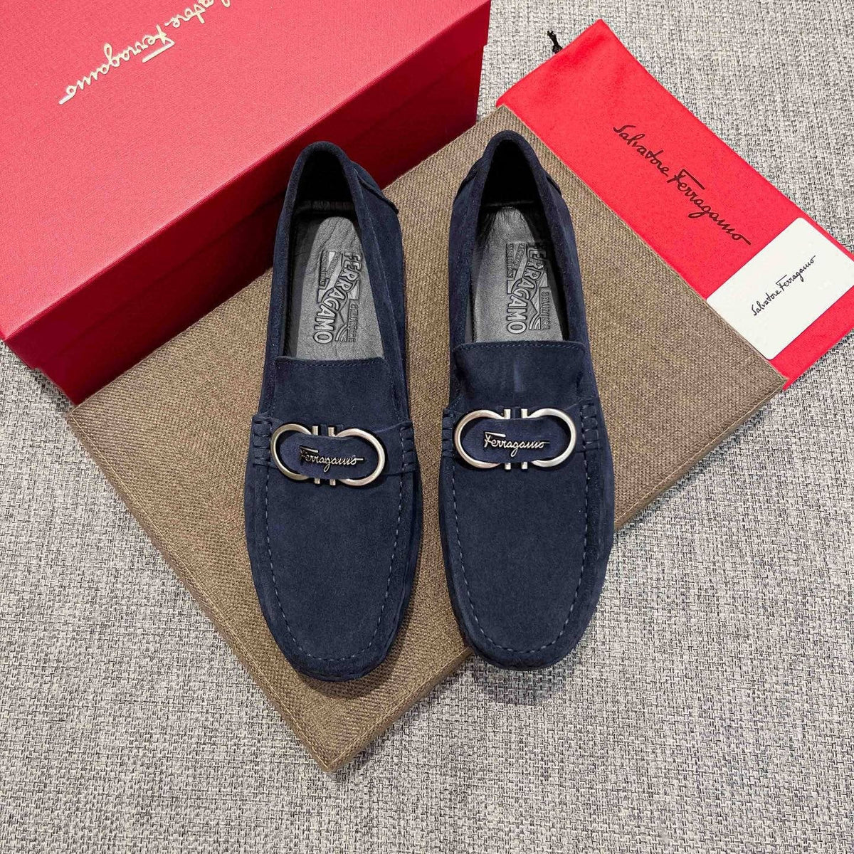 Salvatore Ferragamo Navy Suede Bit Loafers — front