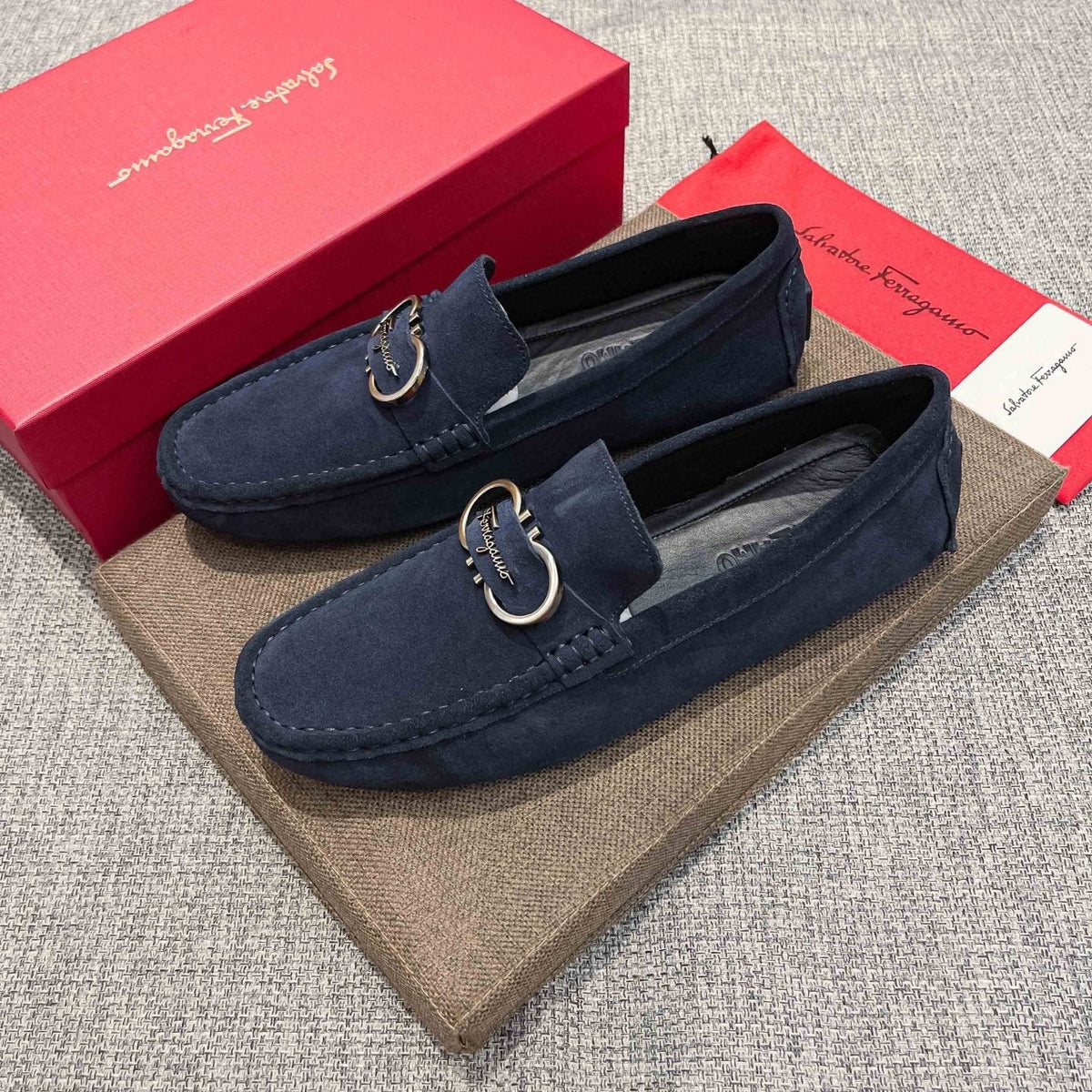Salvatore Ferragamo Navy Suede Bit Loafers — hero