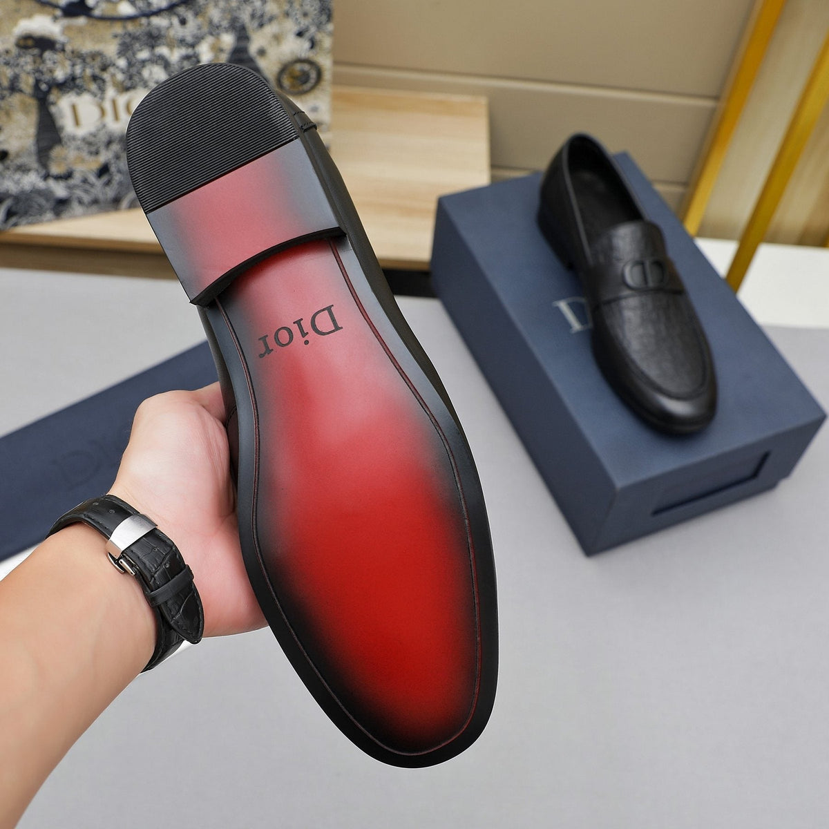 Dior Black Embossed Leather Loafers — back