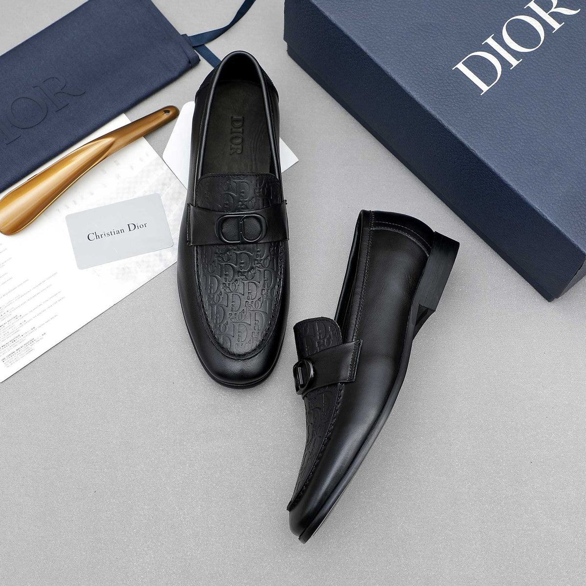 Dior Black Embossed Leather Loafers — front