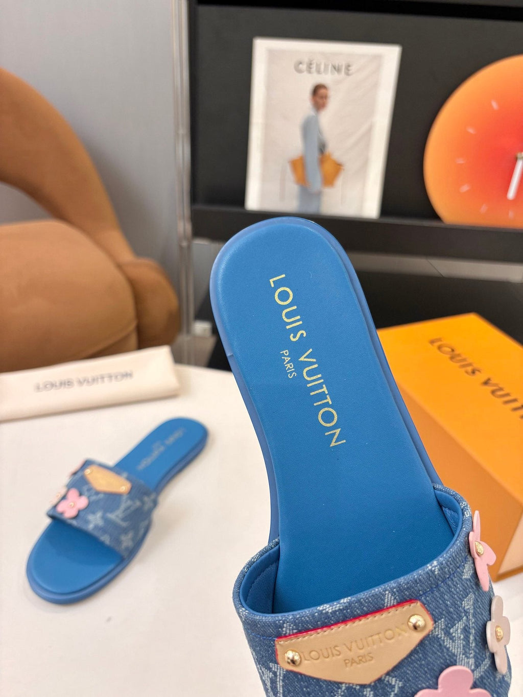 Louis Vuitton Blue Floral Slide Sandals — front