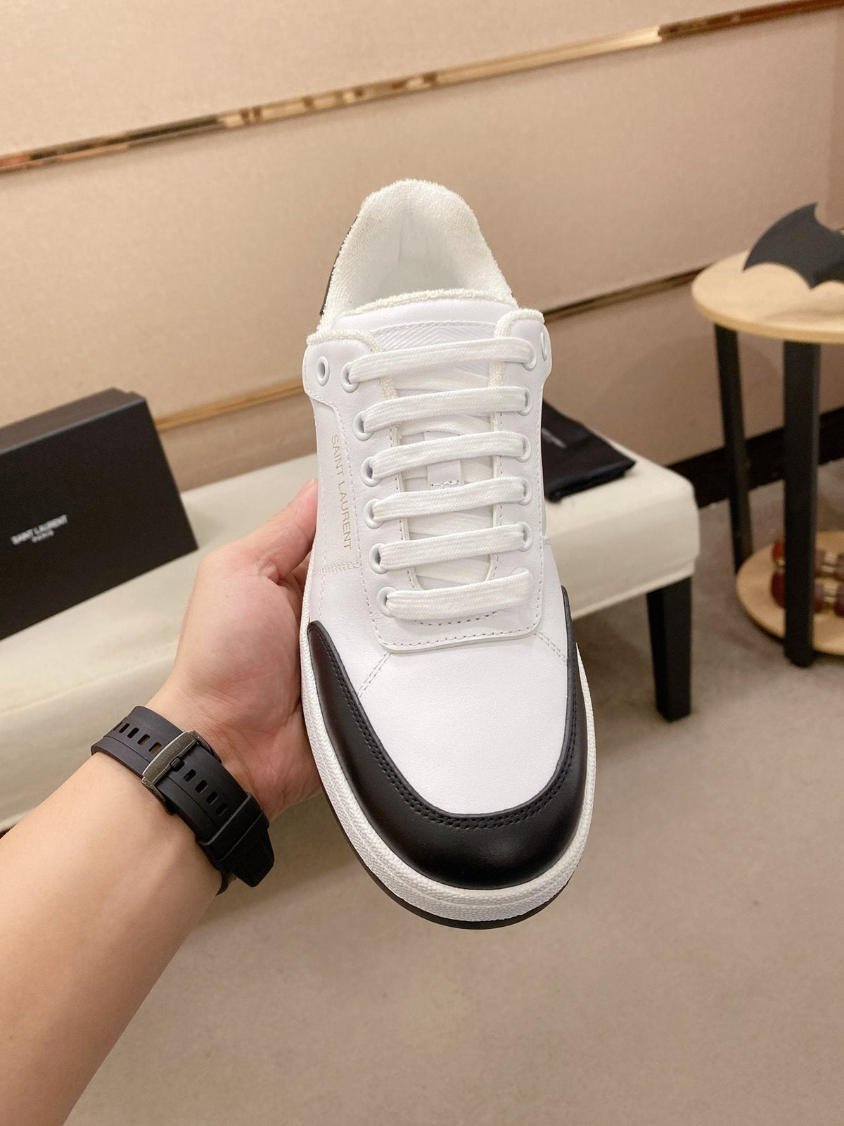 Saint Laurent White & Black Toe-Cap Sneakers — front