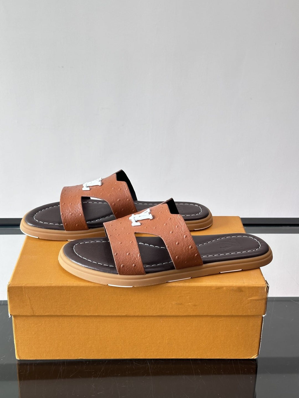 Louis Vuitton Brown Logo Slide Sandals — side