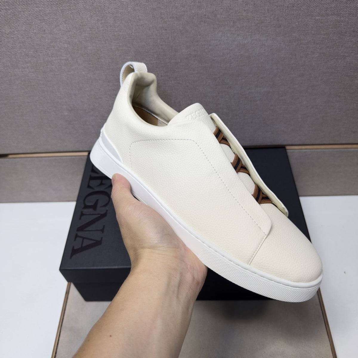 Zegna Cream Brown Lace Low-Top Sneakers — model