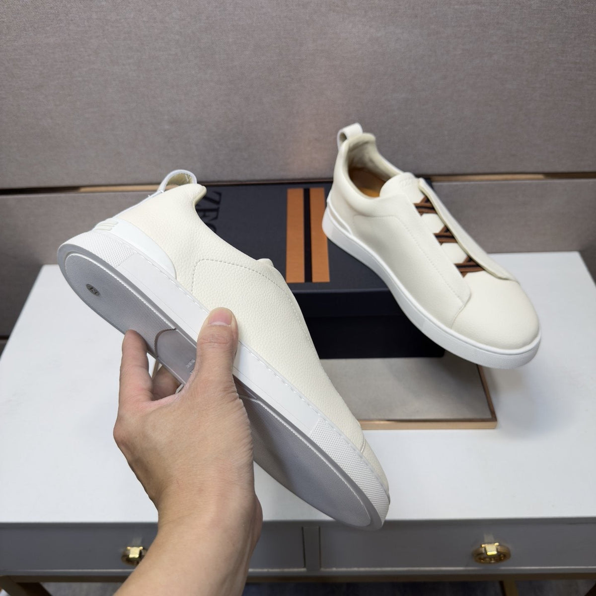 Zegna Cream Brown Lace Low-Top Sneakers — model