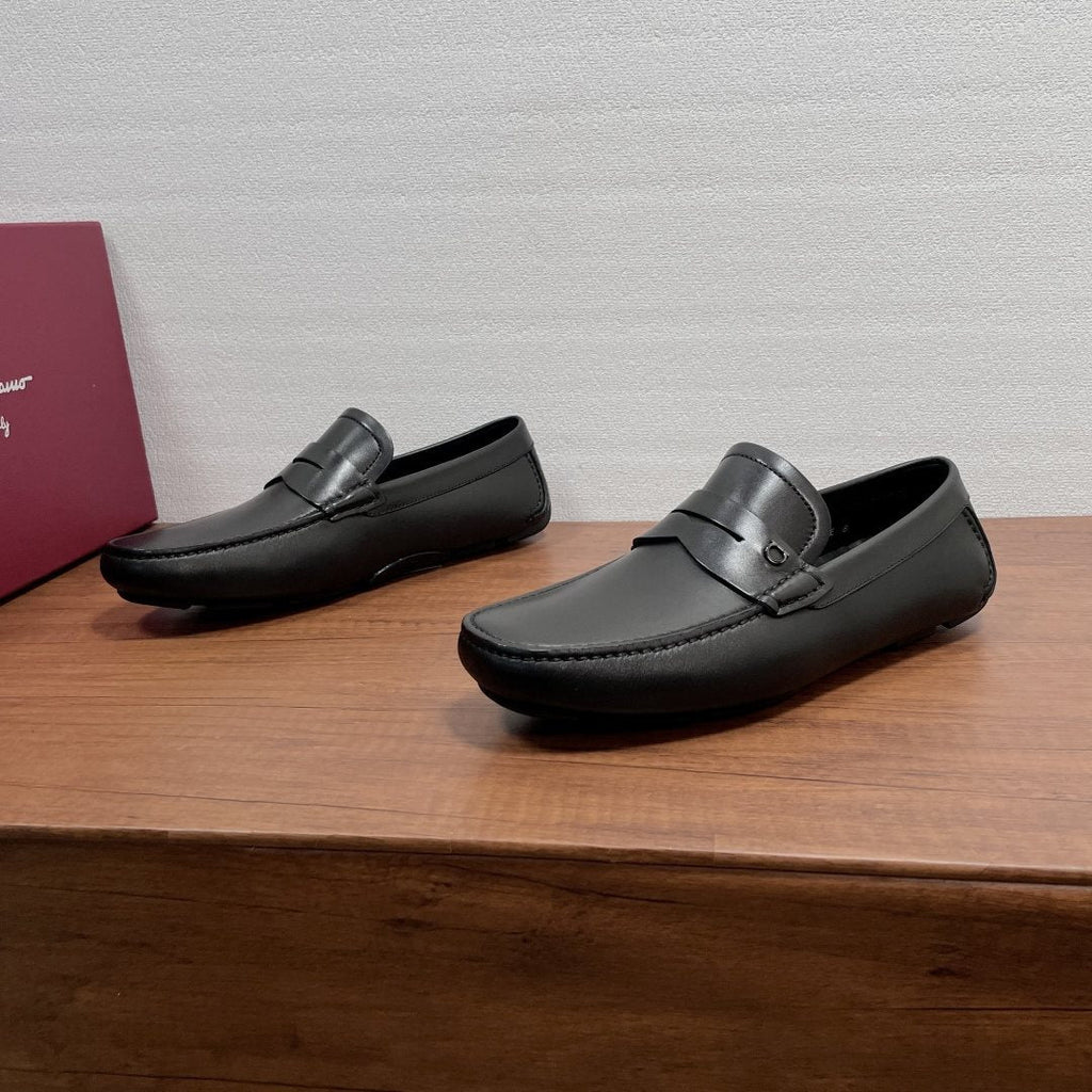Ferragamo Black Leather Driving Shoes — front