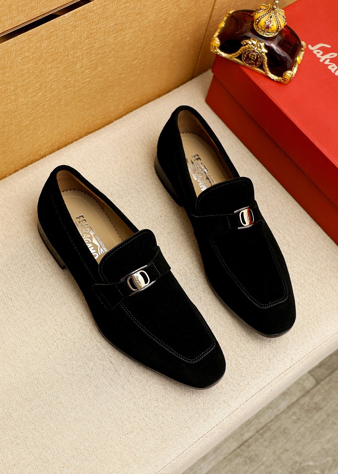 Ferragamo Black Buckle Slip-On Loafers — hero