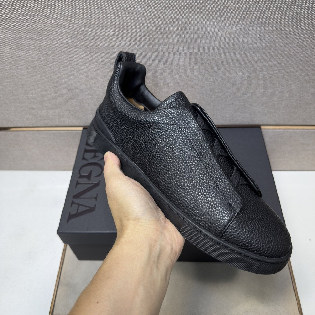 Zegna Black Textured Slip-On Sneakers — model