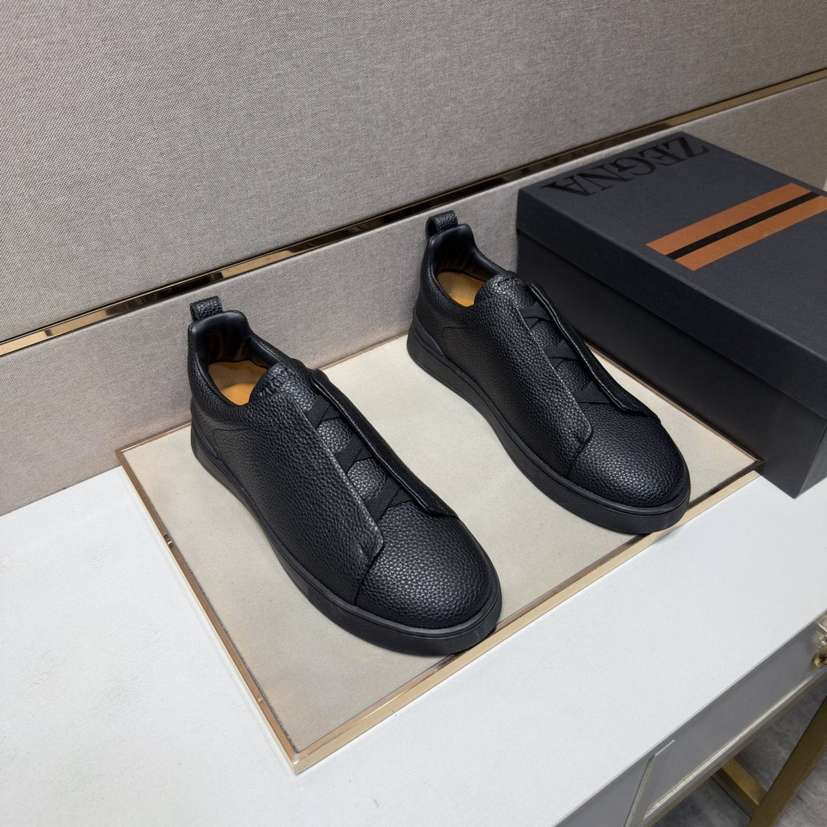 Zegna Black Textured Slip-On Sneakers — front