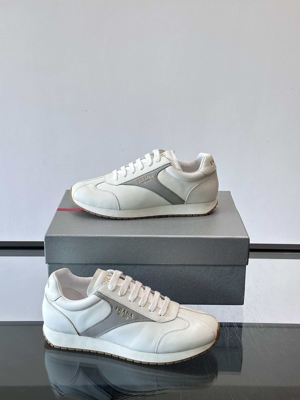 Prada White and Light Gray Sneakers — side