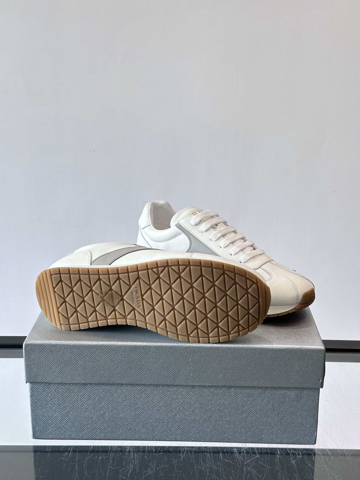 Prada White and Light Gray Sneakers — side