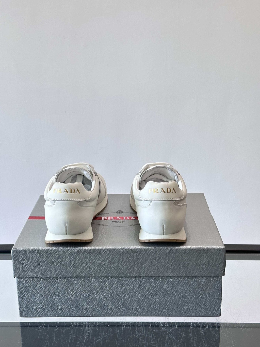 Prada White and Light Gray Sneakers — front