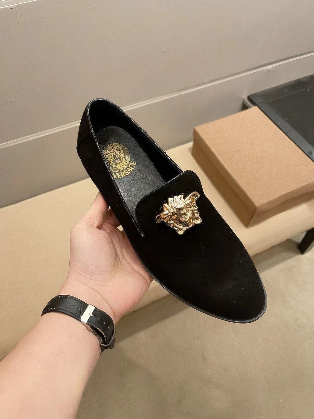 Versace Black Gold-Tone Ornament Loafers — front