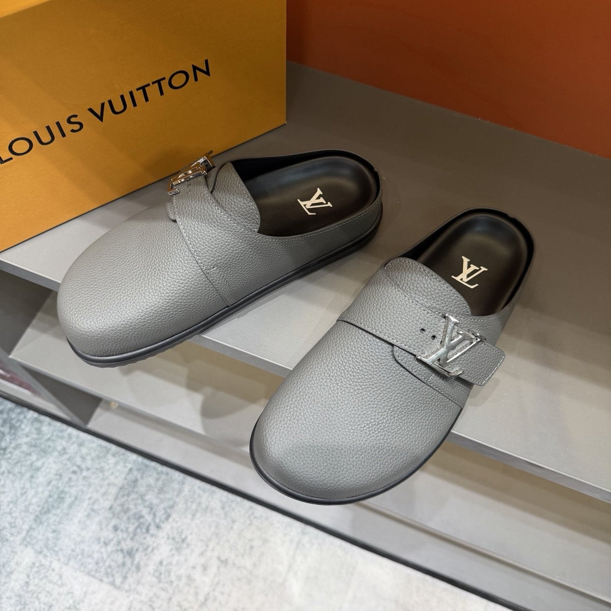 Louis Vuitton Light Gray Monogram Slip-On Sandals — front