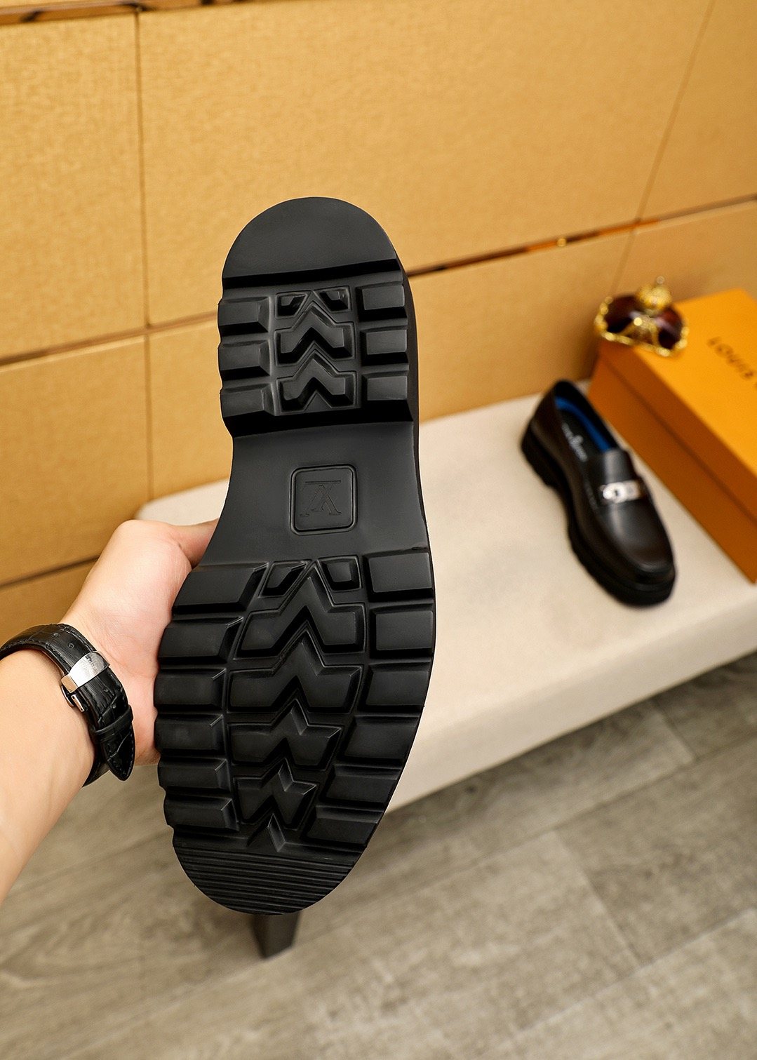 Louis Vuitton Black Metal-Bit Loafers — detail