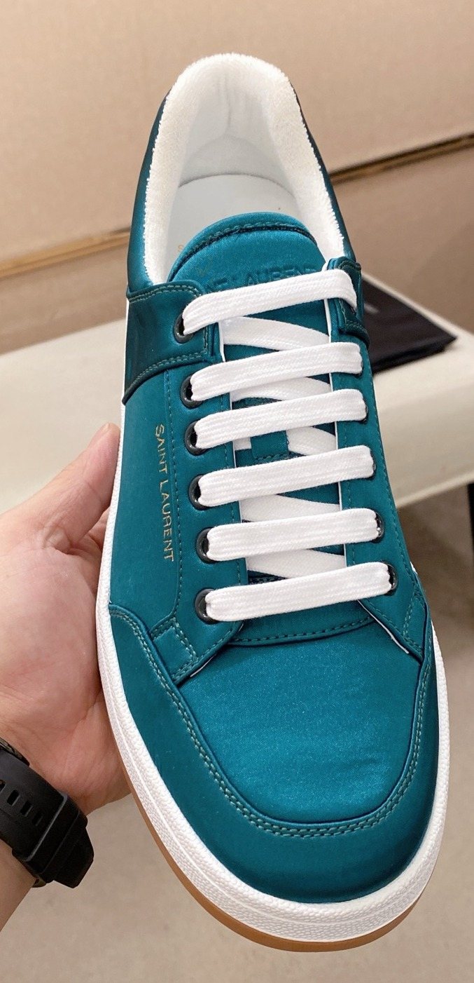 Saint Laurent Teal Blue Perforated Low-Top Sneakers — hero
