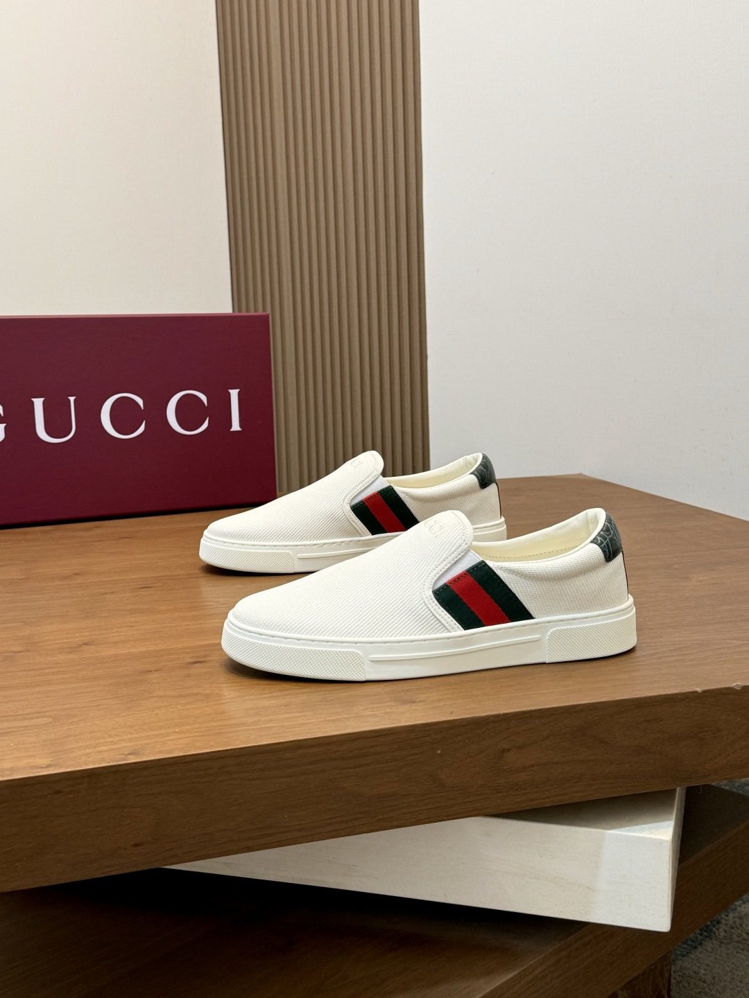 Gucci White Stripe Slip-On Sneakers — front