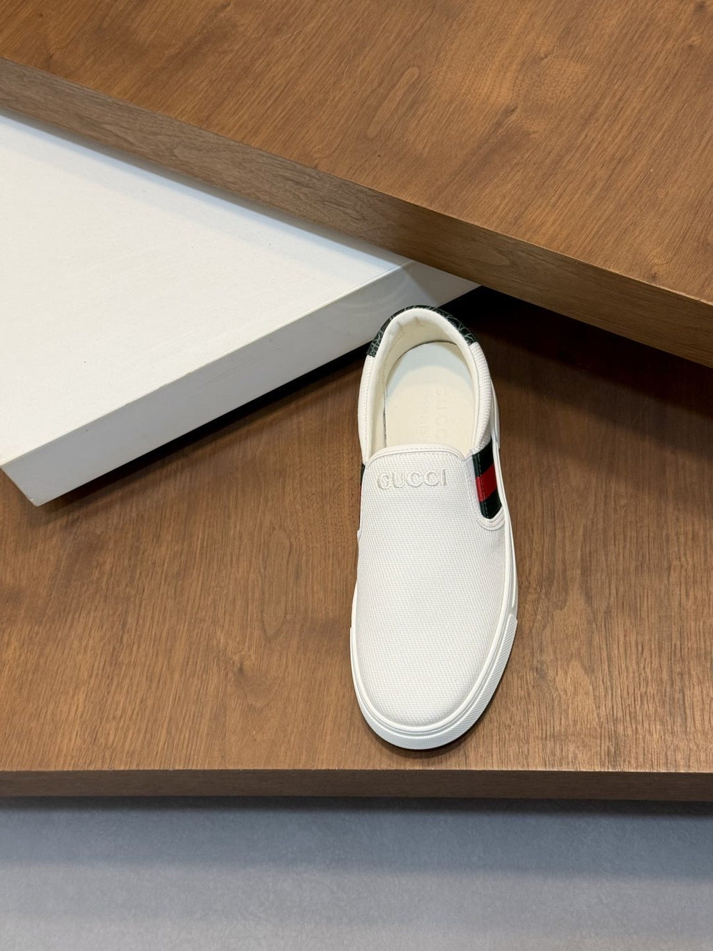 Gucci White Stripe Slip-On Sneakers — side