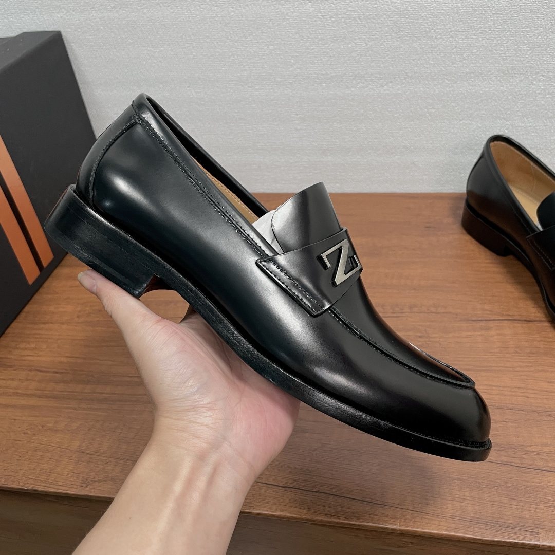 Zegna Black Leather Z-Accent Loafers — model