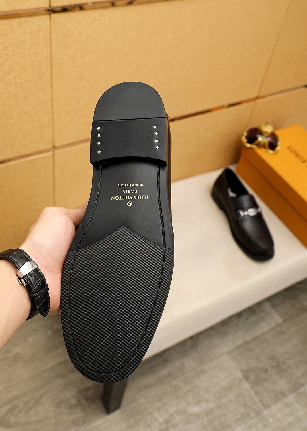 Louis Vuitton Black Textured Metal-Bit Loafers — detail