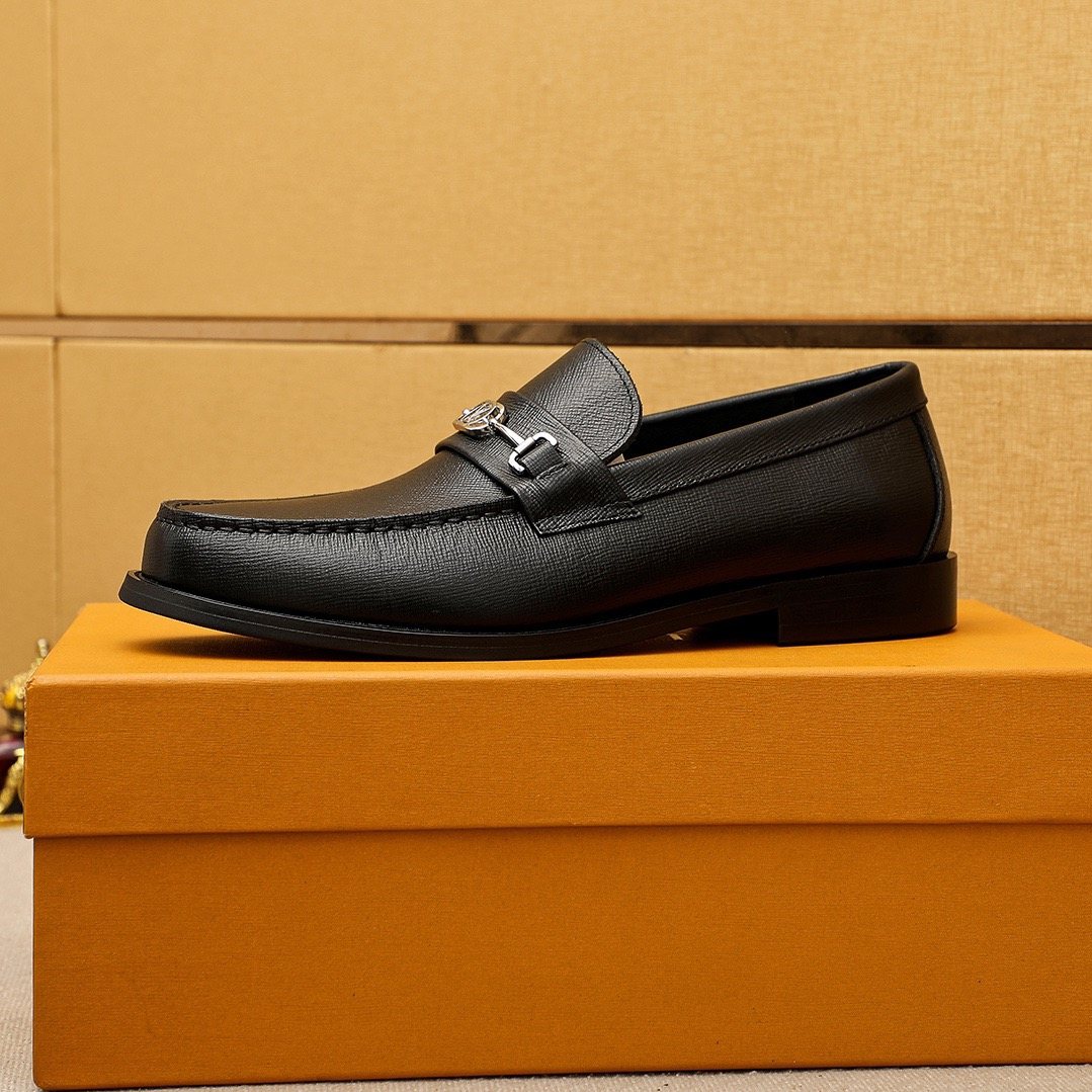 Louis Vuitton Black Textured Metal-Bit Loafers — side