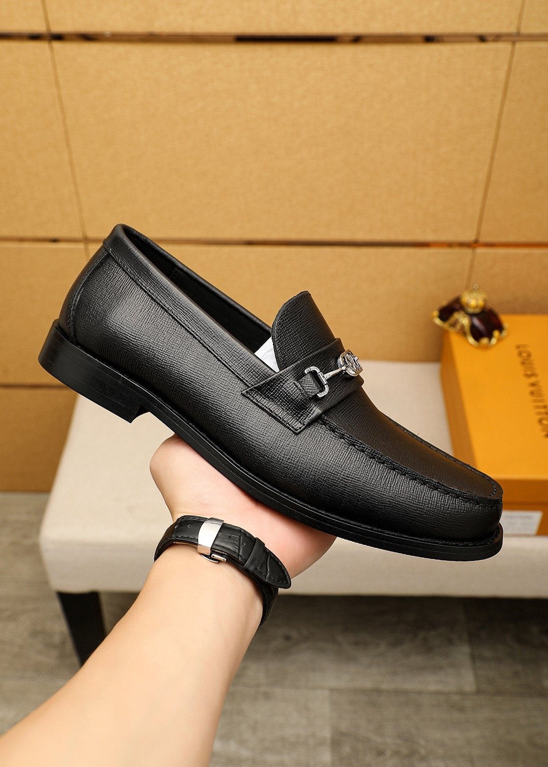 Louis Vuitton Black Textured Metal-Bit Loafers — model