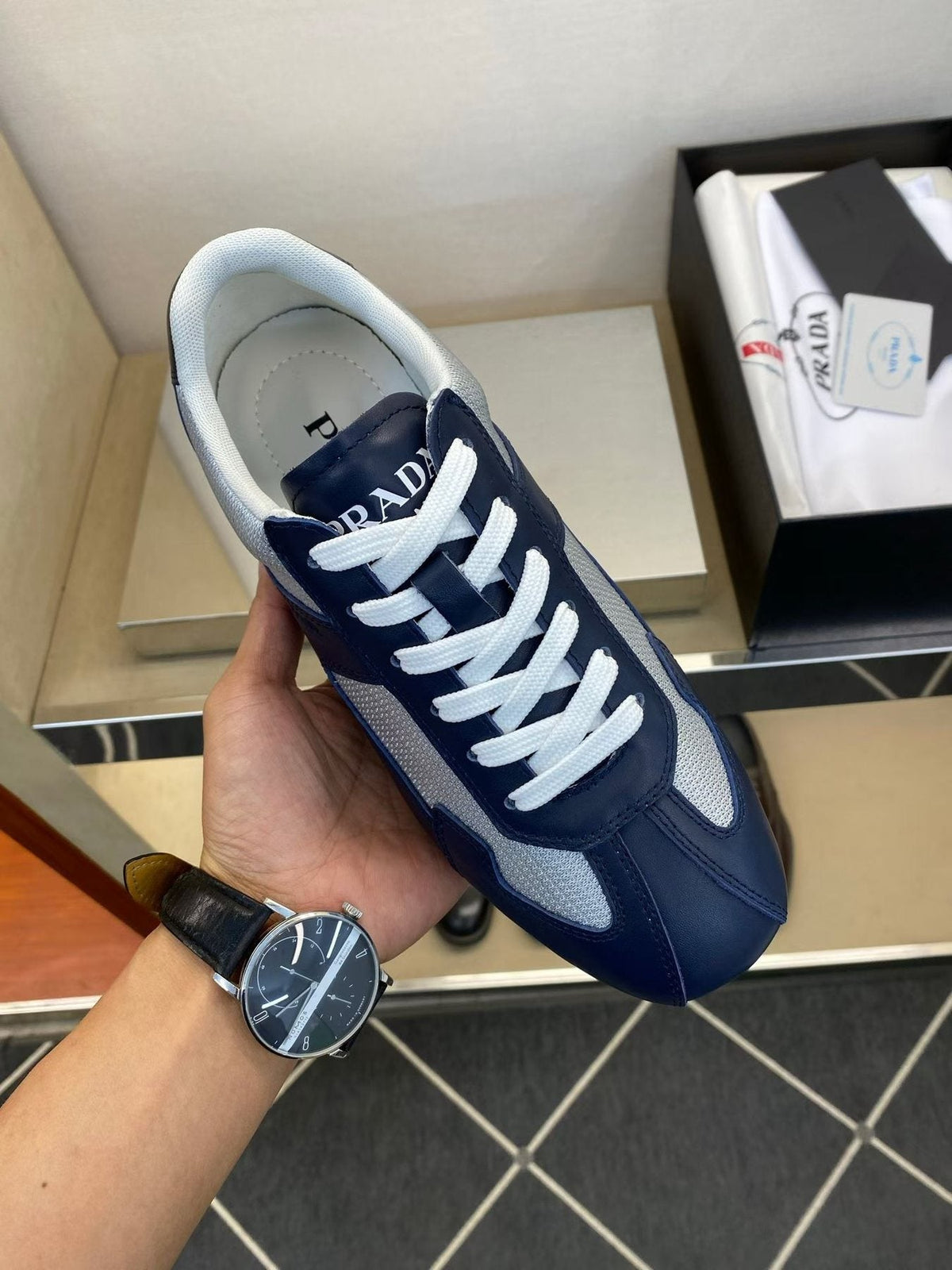 Prada Navy Blue Panel Low-Top Sneakers — model