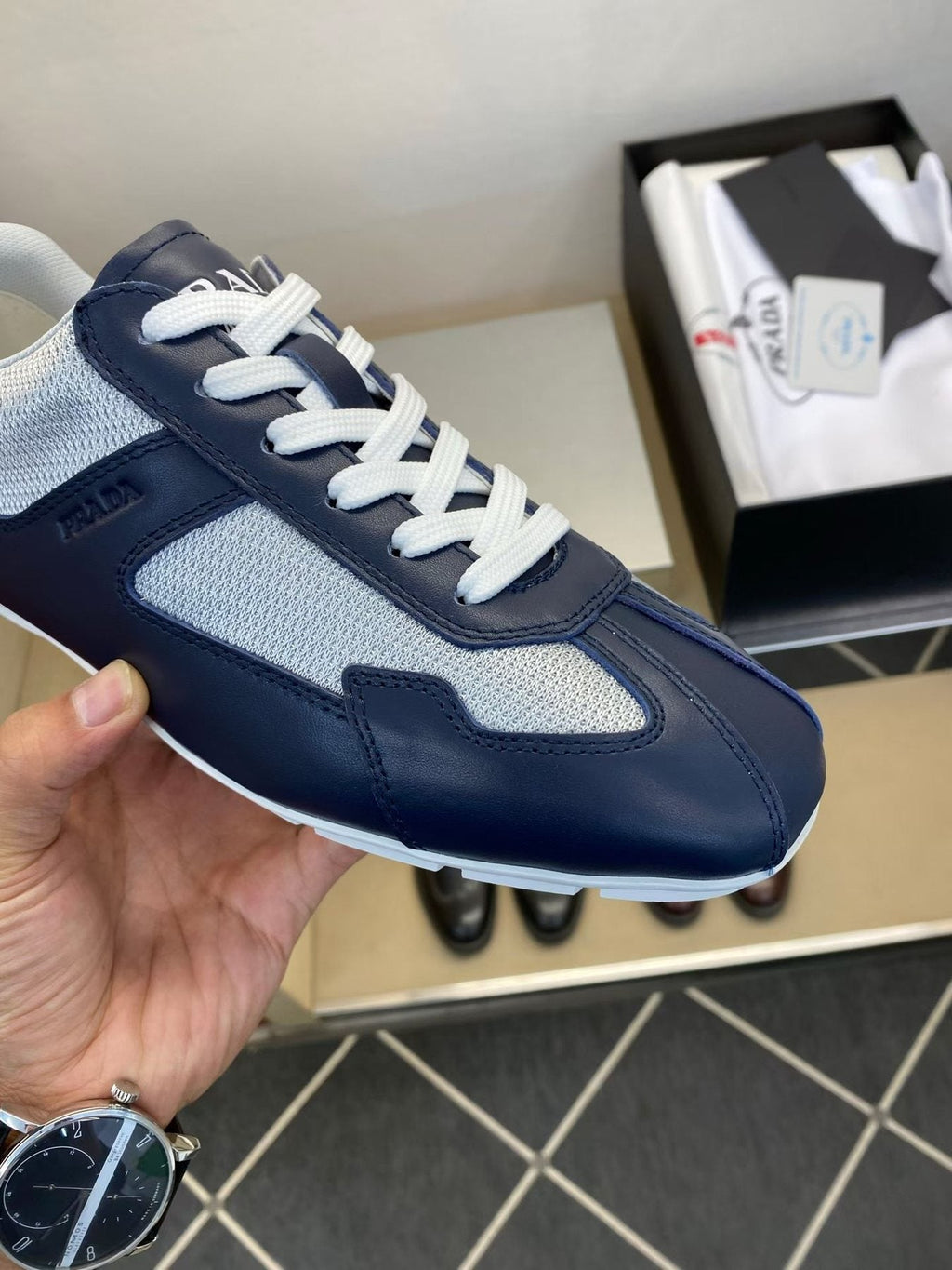 Prada Navy Blue Panel Low-Top Sneakers — detail