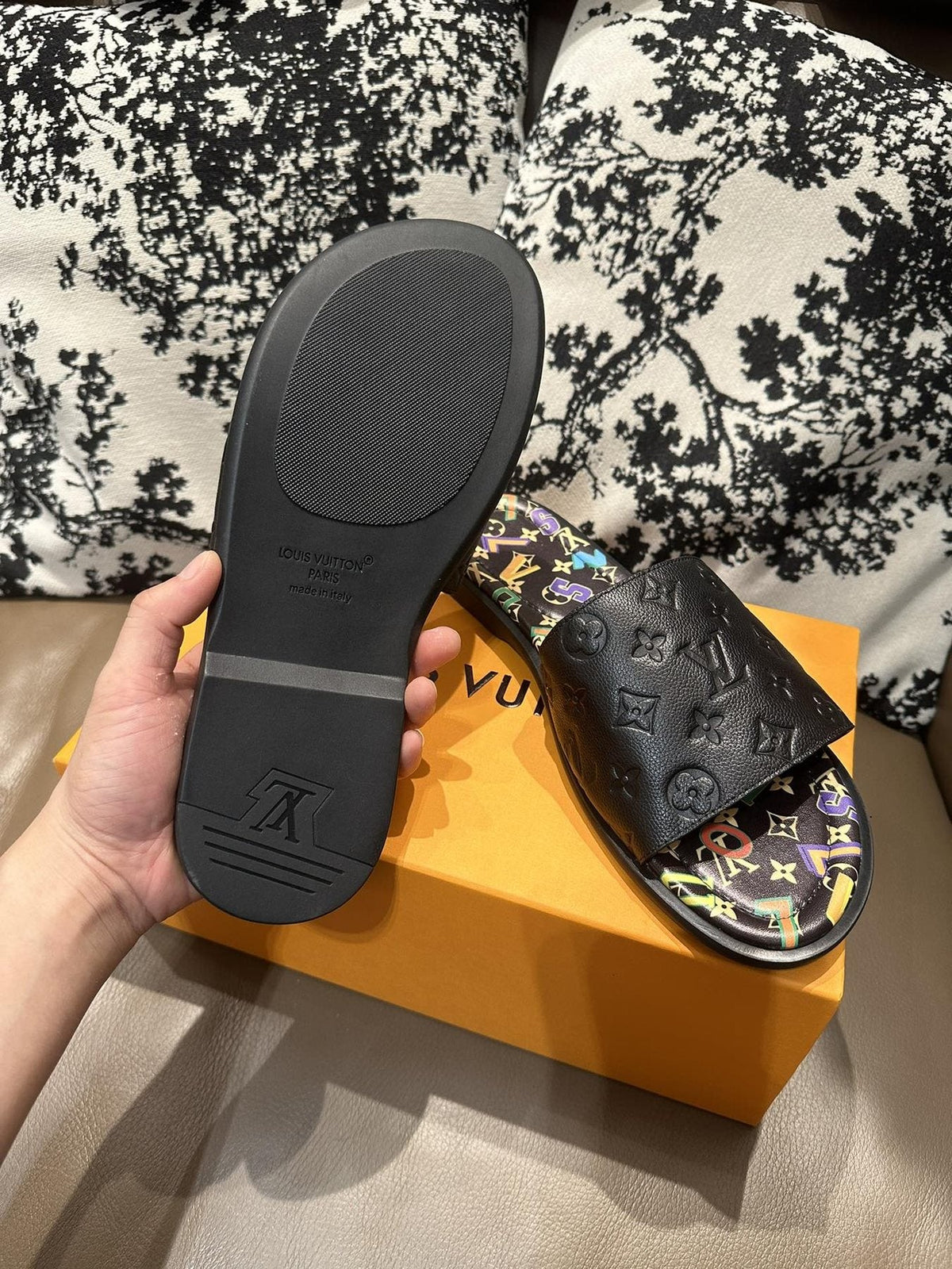 Louis Vuitton Black Embossed Slide Sandals — back