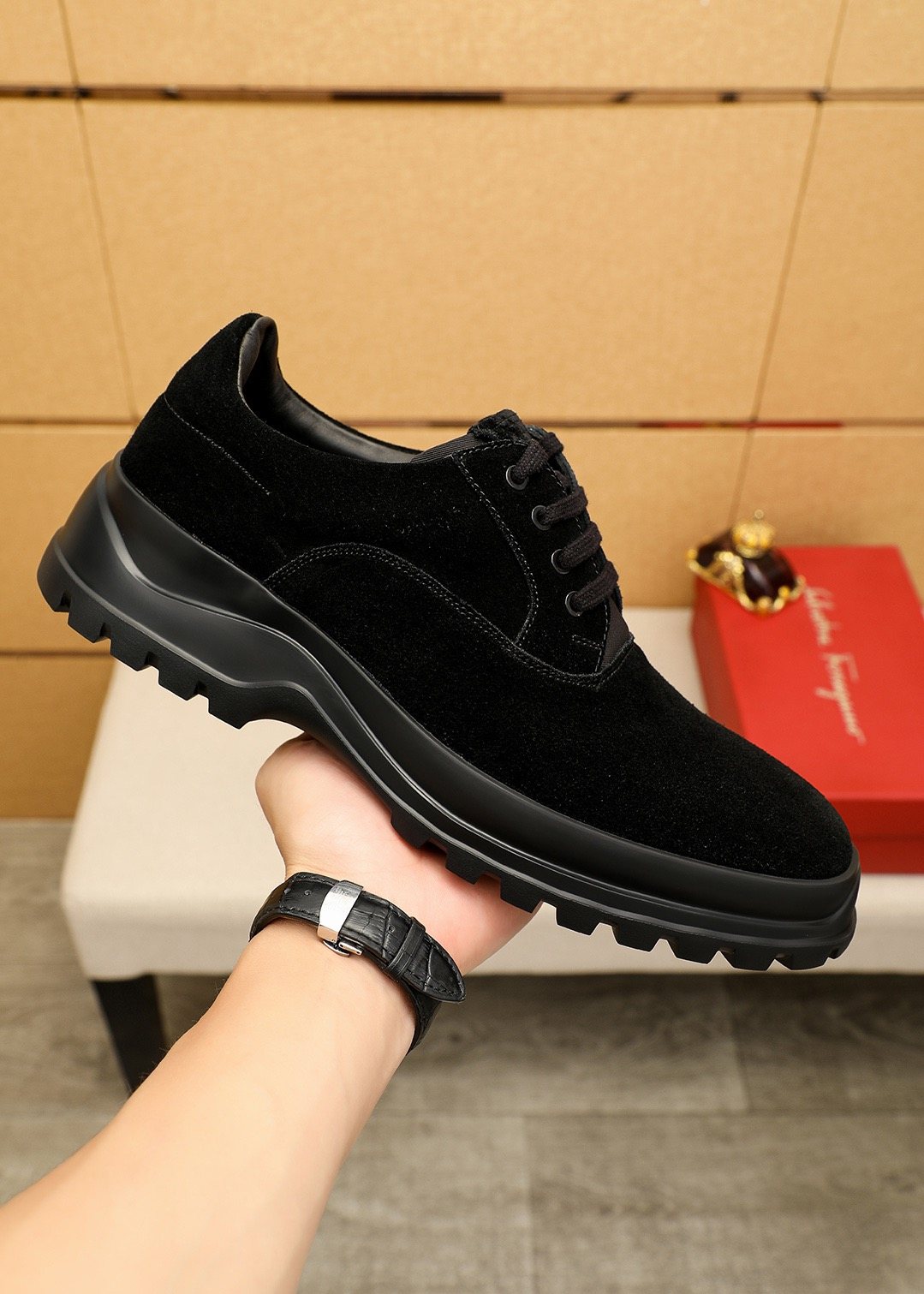 Ferragamo Black Lug Sole Lace-Up Shoes — model