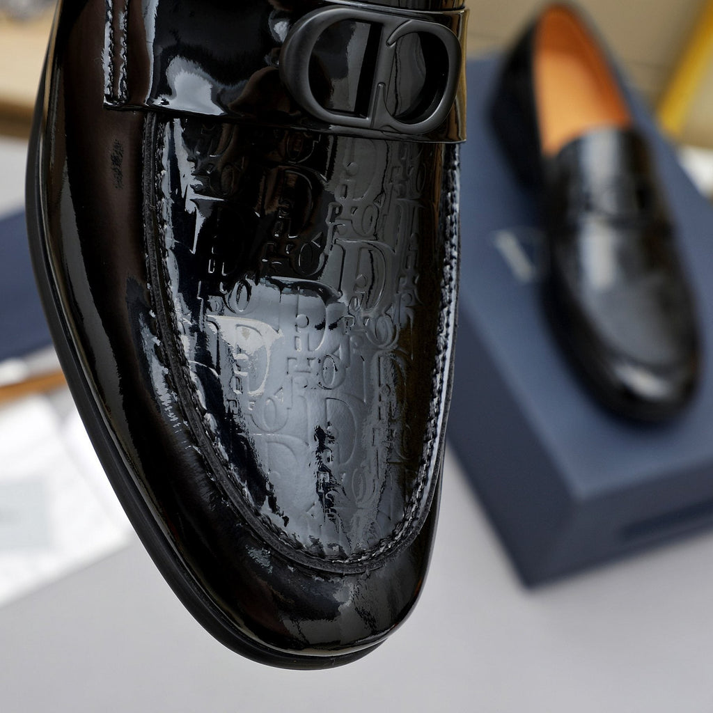 Dior Black Embossed Buckle Loafers — detail