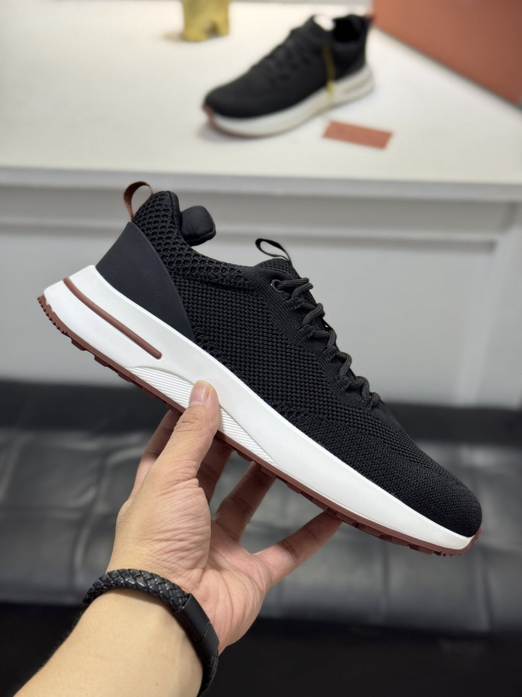 Loro Piana Black Knit Low-Top Sneakers — side