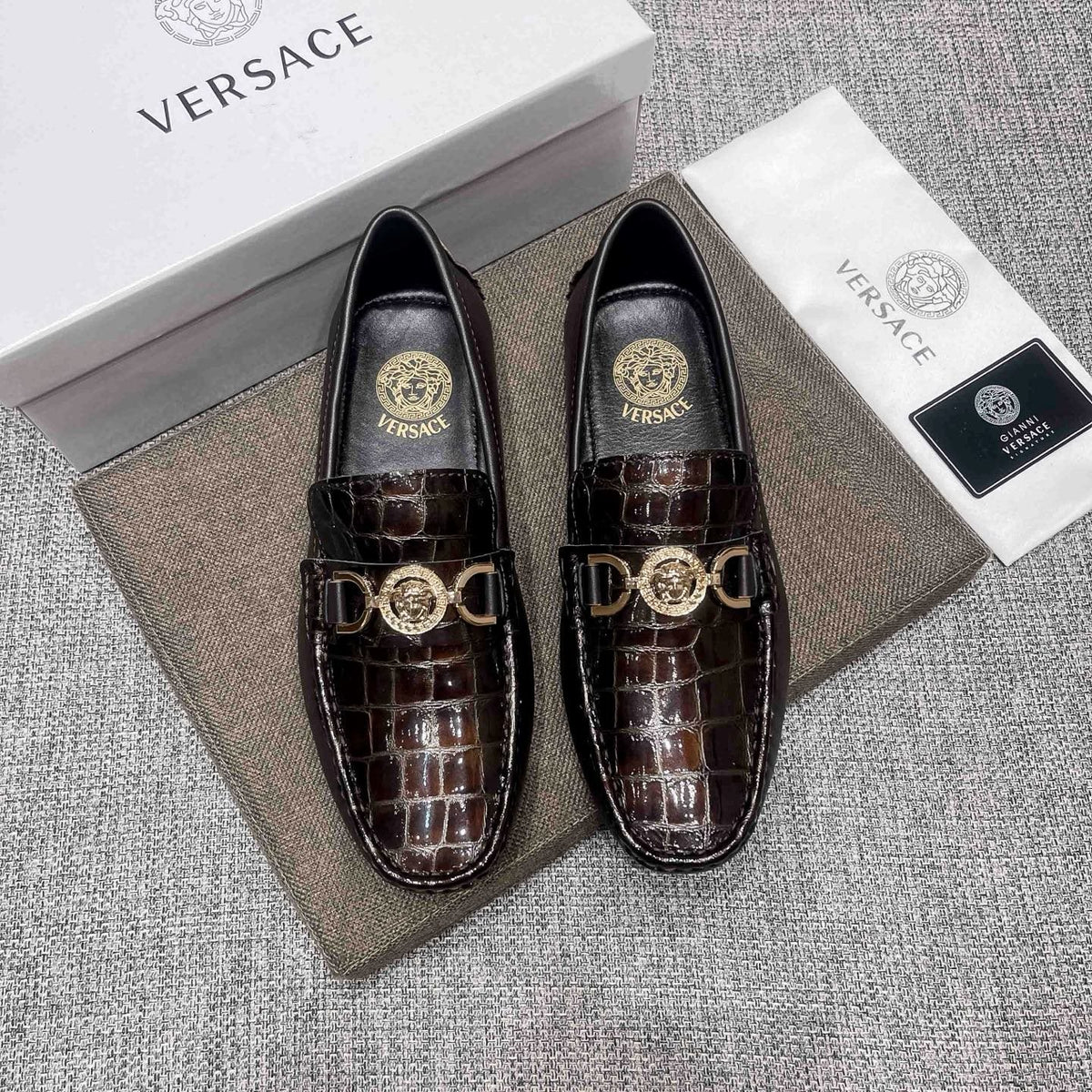 Versace Dark Brown Croc-Embossed Loafers — front
