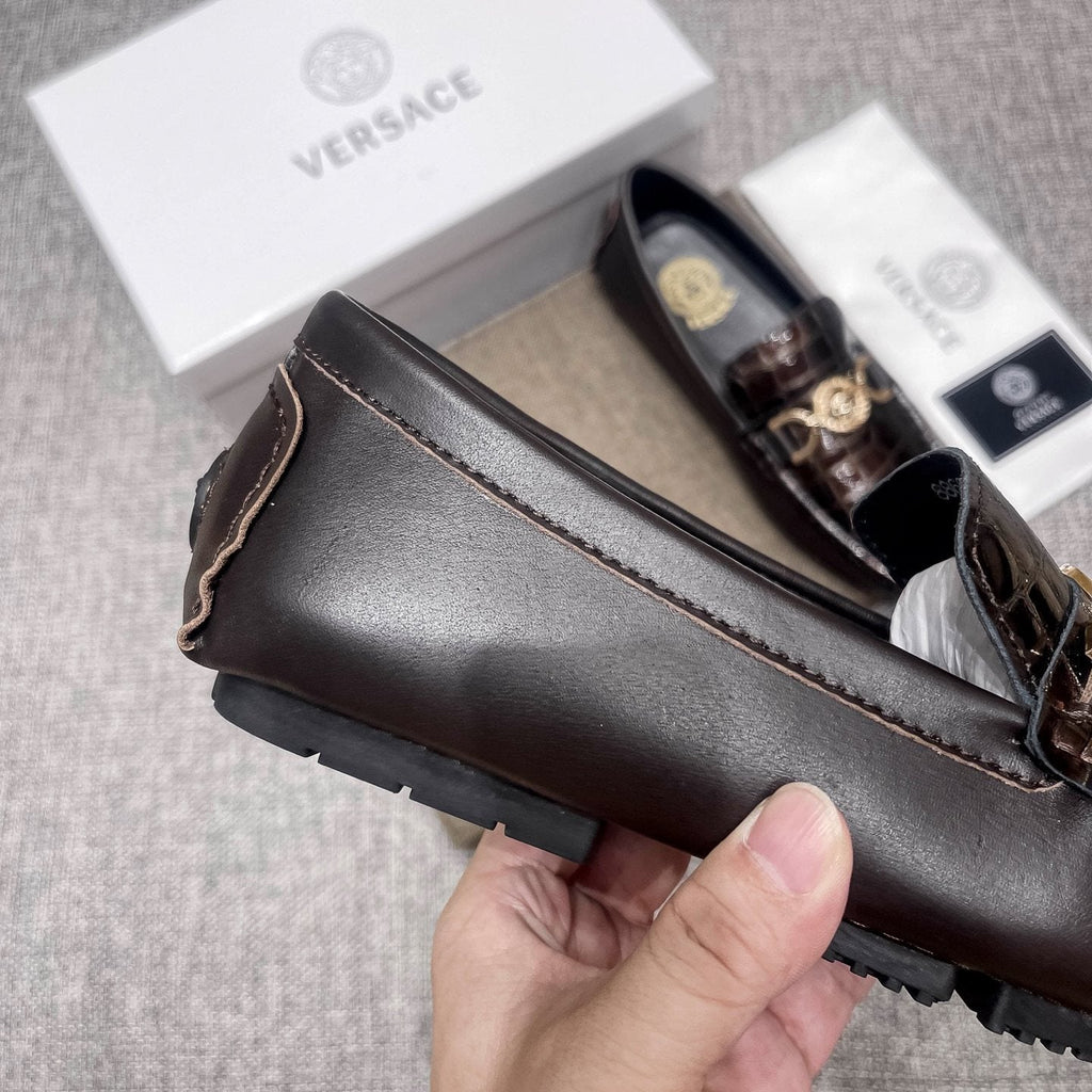 Versace Dark Brown Croc-Embossed Loafers — side
