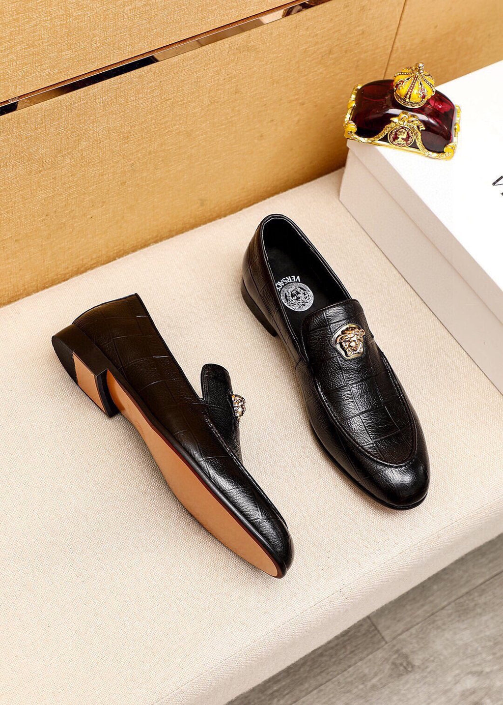 Versace Black Embossed Hardware Loafers — side