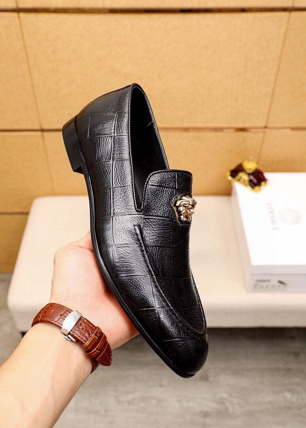 Versace Black Embossed Hardware Loafers — model
