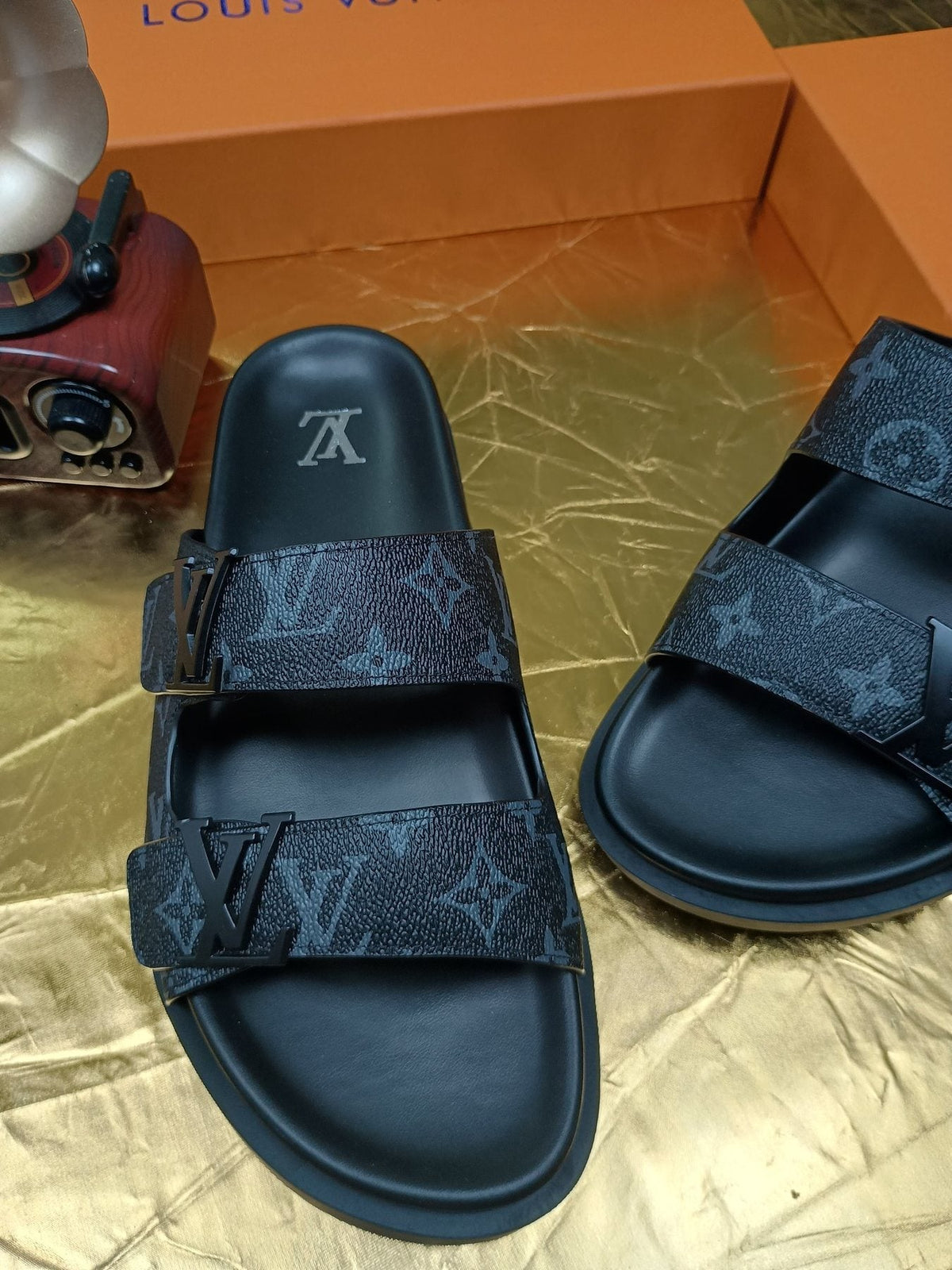 Louis Vuitton Dark Gray Monogram Slide Sandals — front