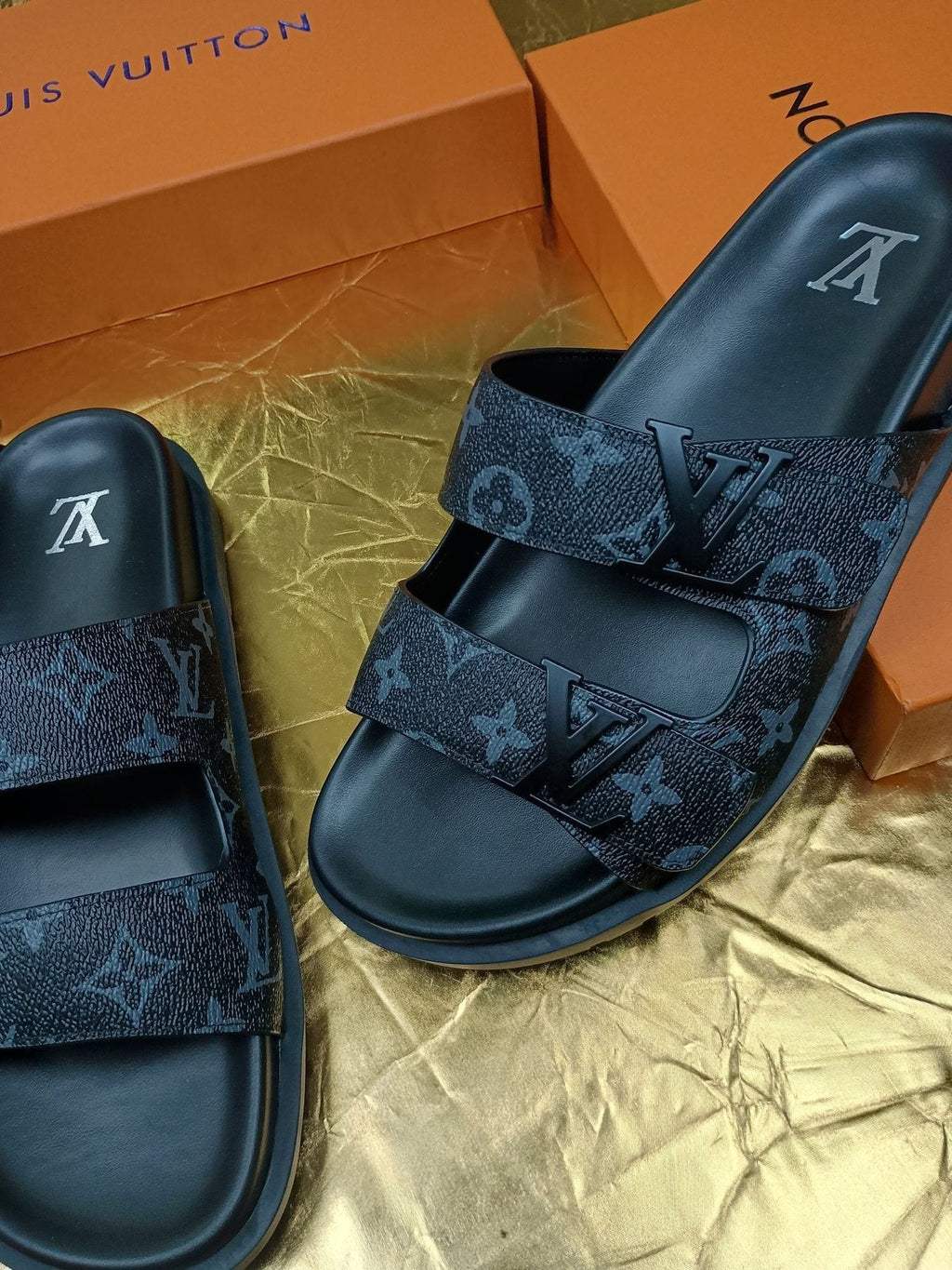 Louis Vuitton Dark Gray Monogram Slide Sandals — side