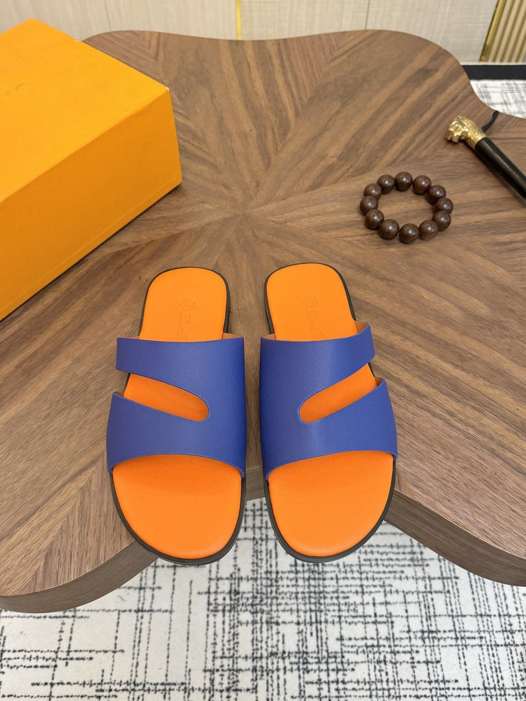 Loro Piana Blue and Orange Slide Sandals — front