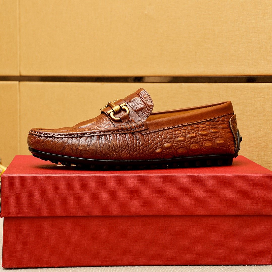 Ferragamo Brown Embossed Driving Loafers — side