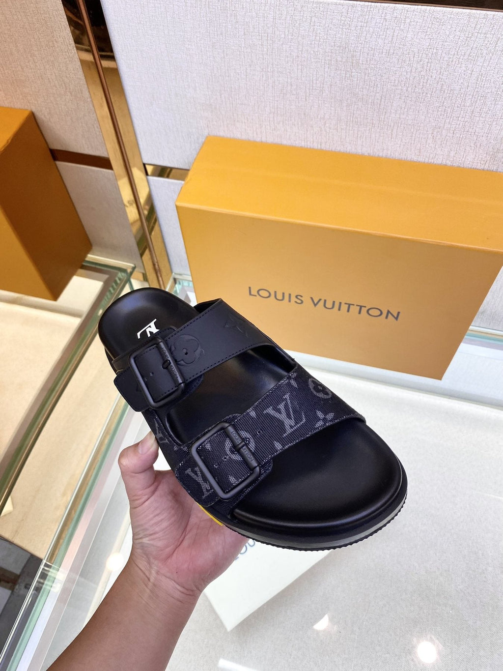 Louis Vuitton Monogram Buckle Slide Sandals — detail