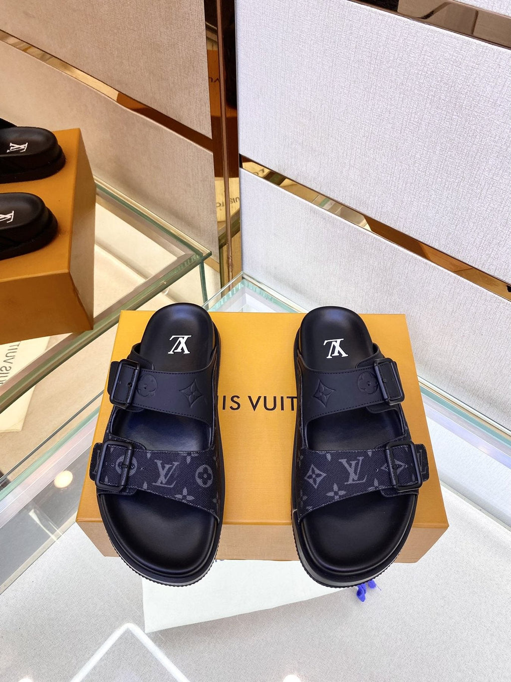 Louis Vuitton Monogram Buckle Slide Sandals — front