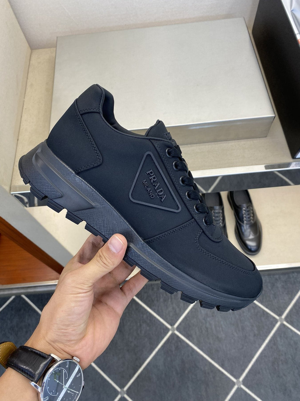 Prada Black Lace-Up Sneakers — side